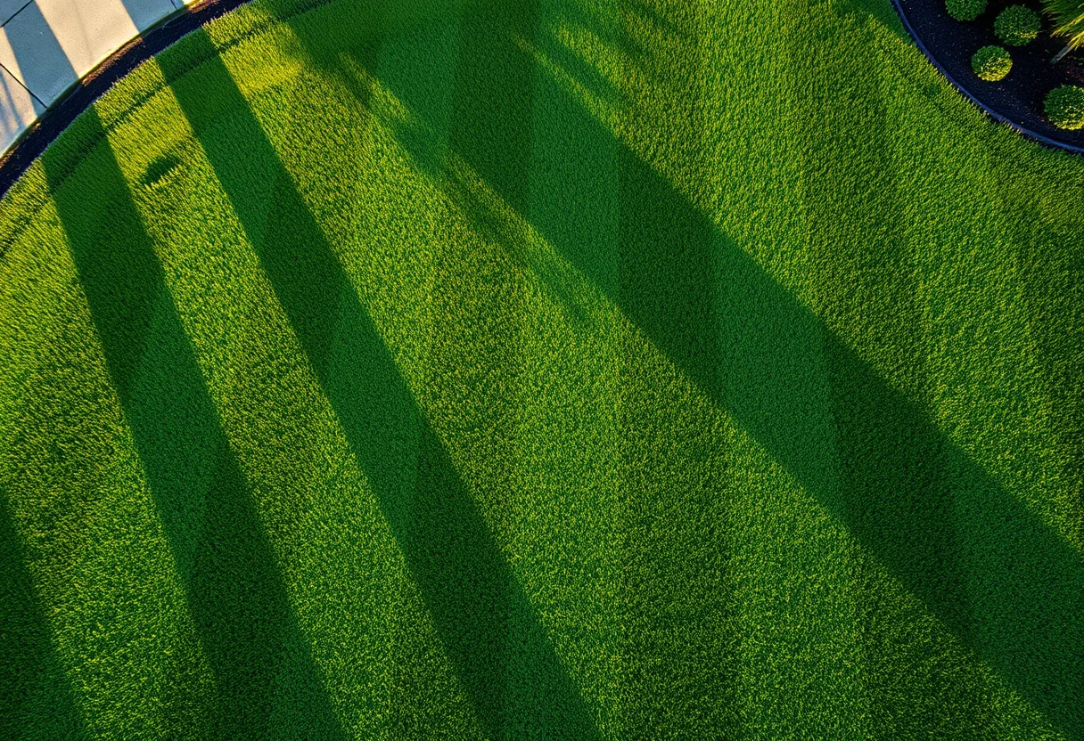 A freshly mown lawn showing crisp alternating mowing stripes